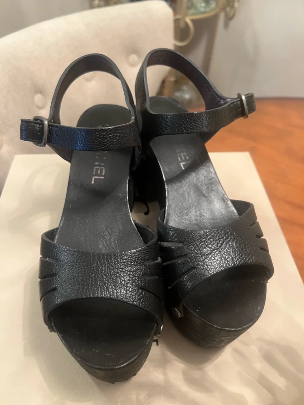 CHANEL Black Leather Platform Slingback Sandals with Buckle - Picture 2 of 6
